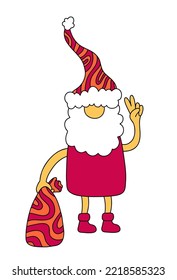 Groovy hippie Santa Claus in trendy retro cartoon style. Cartoon character