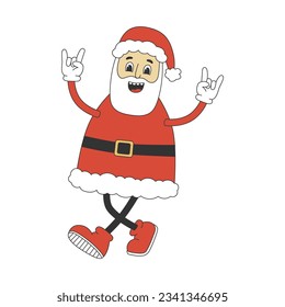 Groovy hippie santa walking. Cartoon character in trendy retro style for Christmas design. Isolated vector illustration