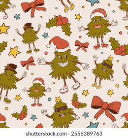 Groovy hippie seamless Christmas pattern with Christmas tree, holy berry, bow. Trendy retro cartoon style. Vector hand-drawn illustration for cards, stickers, surface pattern design, wallpaper