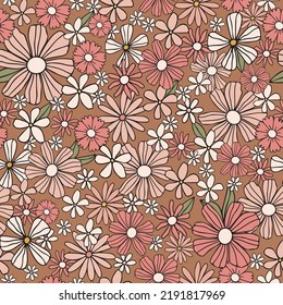 Groovy hippie seamless pattern with flowers in pink color. Retro pattern trendy.