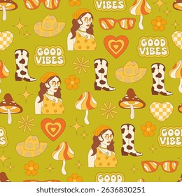 Groovy hippie seamless pattern green