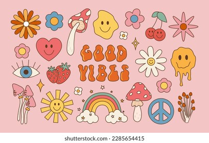 Groovy hippie set of 70s 80s elements. Vector illustration in vintage style with inscription Good Vibes, flower, rainbow, heart, mushroom.