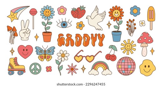 Groovy hippie set of 70s 80s elements. Vector illustration in vintage style, flower, rainbow, heart, mushroom