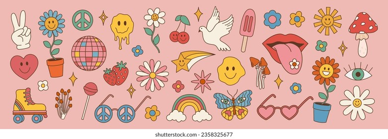 Juego de hippie gruñón de los años 70 de los 80. Ilustración vectorial en estilo vintage, flor, arcoiris, corazón, setas