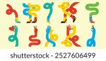 Groovy hippie set of colorful curved funny twisted intertwined legs in different poses. Hand drawn vector colored trendy illustration. Flat design