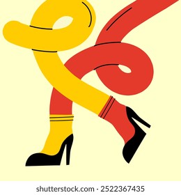Groovy hippie set of colorful curved funny twisted intertwined legs in different poses. Hand drawn vector colored trendy illustration. Flat design