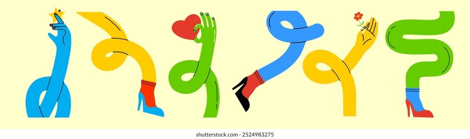 Groovy hippie set of colorful curved funny twisted intertwined legs in different poses. Hand drawn vector colored trendy illustration. Flat design