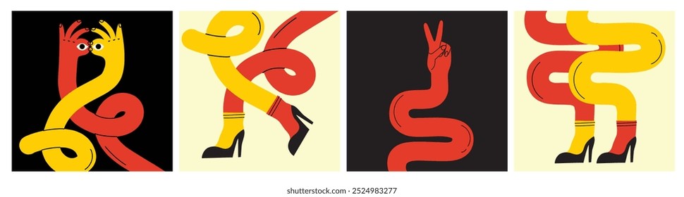 Groovy hippie set of colorful curved funny twisted intertwined legs in different poses. Hand drawn vector colored trendy illustration. Flat design
