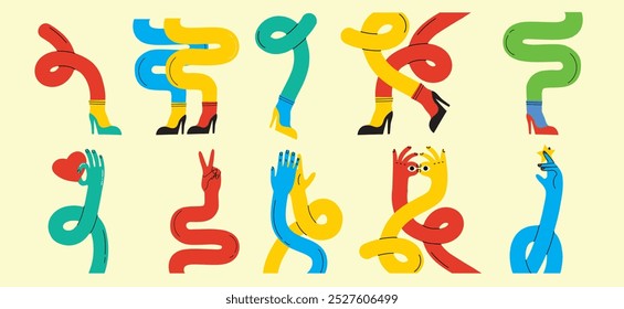 Groovy hippie set of colorful curved funny twisted intertwined legs in different poses. Hand drawn vector colored trendy illustration. Flat design