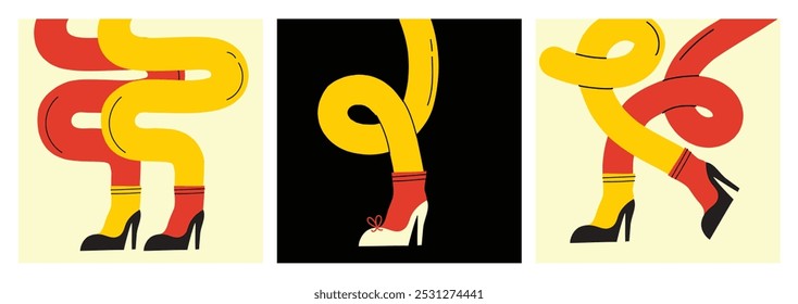 Groovy hippie set of colorful curved funny twisted intertwined legs in different poses. Hand drawn vector colored trendy illustration. Flat design