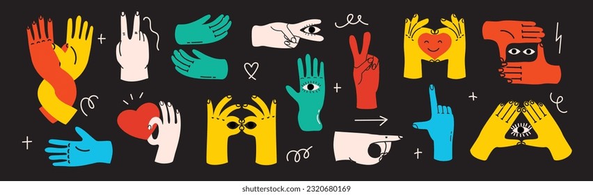 Groovy hippie set of colorful hands with different gestures. Hands with heart, eyes, together hands and etc. Hand drawn vector illustration.