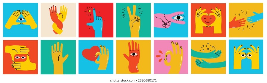 Groovy hippie set of colorful hands with different gestures. Hands with heart, eyes, together hands and etc. Hand drawn vector illustration.