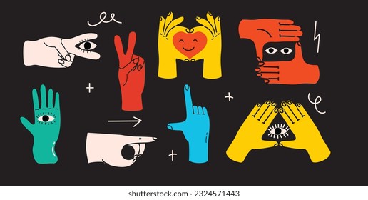 Groovy hippie set of colorful hands with different gestures. Hands with heart, eyes, together hands and etc. Hand drawn vector illustration.