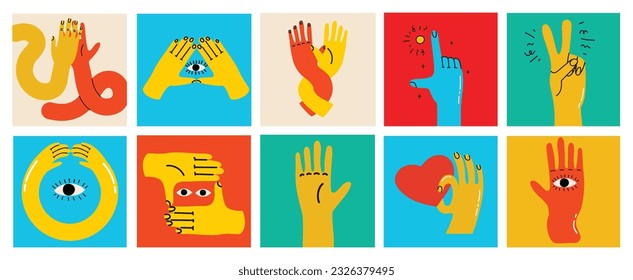 Groovy hippie set of colorful hands with different gestures. Hands with heart, eyes, together hands and etc. Hand drawn vector illustration.