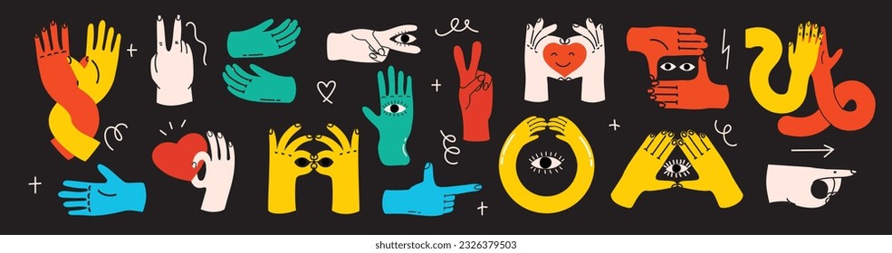 Groovy hippie set of colorful hands with different gestures. Hands with heart, eyes, together hands and etc. Hand drawn vector illustration.