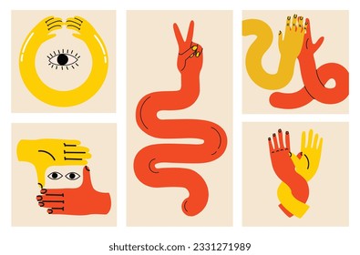Groovy hippie set of colorful hands with different gestures. Hands with heart, eyes, together hands and etc. Hand drawn vector illustration.