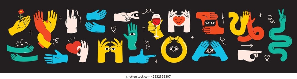 Groovy hippie set of colorful hands with different gestures. Hands with heart, eyes, together hands and etc. Hand drawn vector illustration.