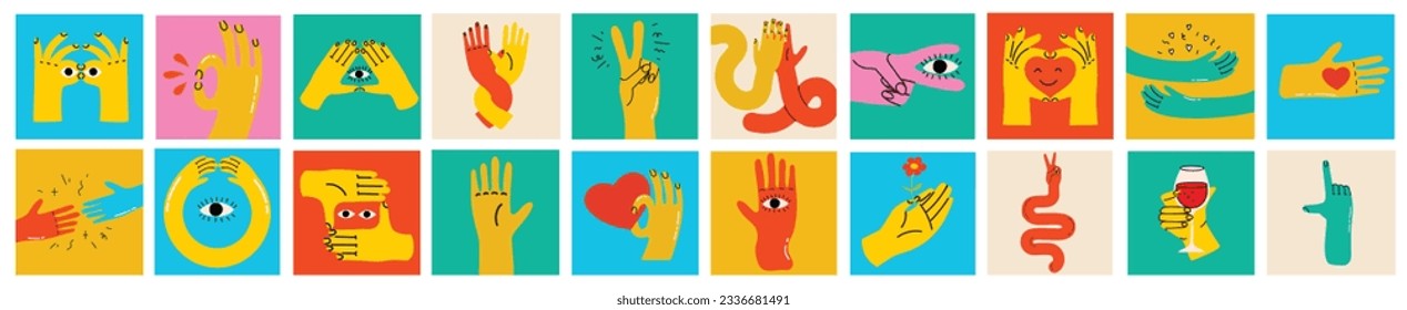 Groovy hippie set of colorful hands with different gestures. Hands with heart, eyes, together hands and etc. Hand drawn vector illustration.