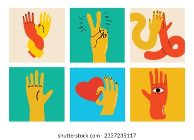 Groovy hippie set of colorful hands with different gestures. Hands with heart, eyes, together hands and etc. Hand drawn vector illustration.