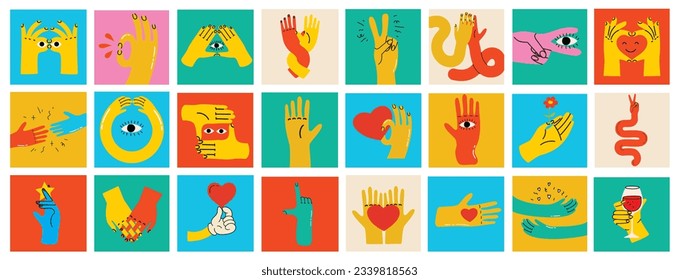 Groovy hippie set of colorful hands with different gestures. Hands with heart, eyes, together hands and etc. Hand drawn vector illustration.