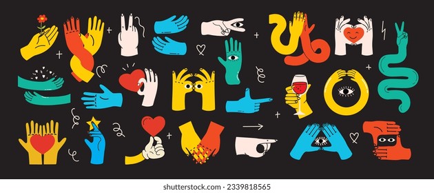 Groovy hippie set of colorful hands with different gestures. Hands with heart, eyes, together hands and etc. Hand drawn vector illustration.