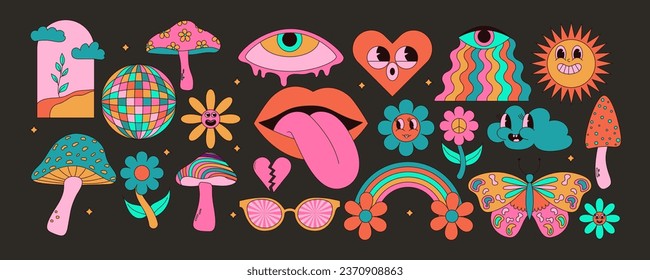 Groovy hippie set of colorful mushrooms, sun, flower, lips, eyes, sunglasses and etc. Sticker pack in trendy retro trippy style. Vector illustration