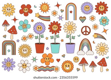 Groovy hippie set of elements. Fun rainbow flowers and mushrooms in 1970s style. Sticker pack in retro psychedelic clipart style. Vector illustration cartoon isolate.