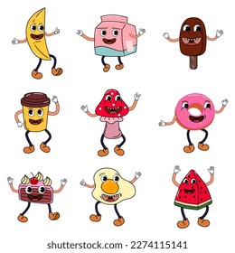 Groovy hippie set of funny characters trendy retro trippy 70s style