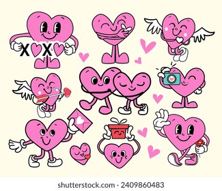 El hippie groovy puso a los aficionados al amor por el día de San Valentín. Estilo retro de moda de los años 60, 90 con corazones cómicos felices. Ilustración vectorial personaje divertido de caricatura