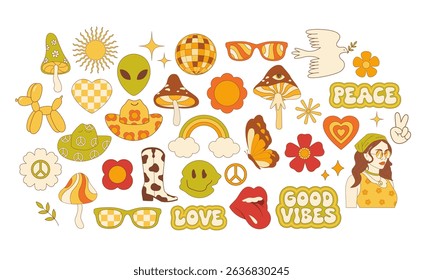 Groovy hippie set. Mushroom, alien, cowboy hat, retro flowers. Peace sign. Flat style