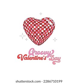 Groovy Hippie Sparkling Disco Heart illustration. Valentines Day design. Vector clip-art isolated on white.