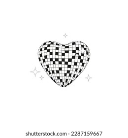 Groovy Hippie Sparkling Disco Heart illustration. Valentines Day design. Black and white vector clip-art isolated.