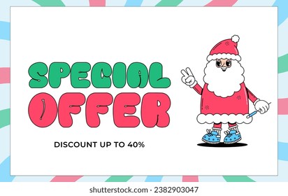 Groovy hippie Special offer, Sale card. Cute character Santa Clous in trendy retro style. Merry Christmas and Happy New year concept. Vector art