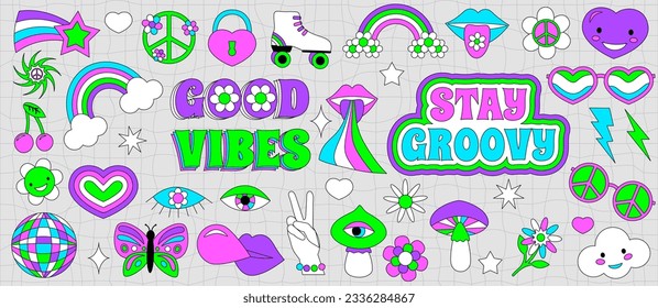 Pegatina hippie grumosa de los 70. Caricatura divertida de colores de neón brillantes - flor, amor, arcoiris, paz, corazón, margarita, setas, ojo. Envase psicodélico de estilo retro moderno. Ilustración vectorial aislada.