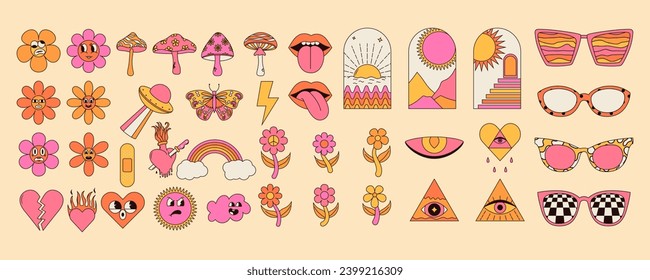 Groovy hippie sticker pack with psychedelic mushrooms, rainbow, flower, lips, eyes, sunglasses and more. Vintage vector graphics.