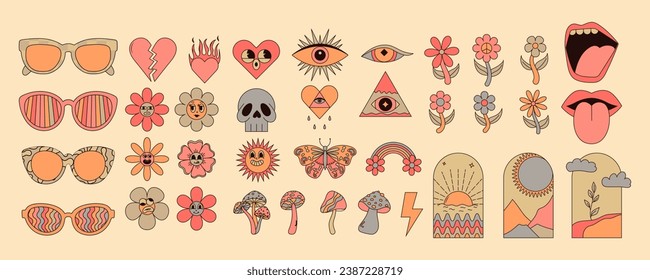 Empaquetado de emoticones hippie con hongos trippy, corazón, flor, labios, ojos, gafas de sol y más. Gráficos vectoriales vintage.