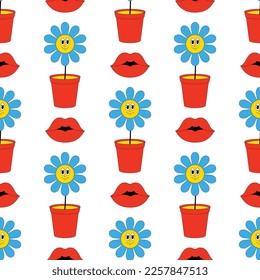 Groovy Hippie Sticker Retro Emoji Retro Pop Art Vector Vintage Illustration Seamless Pattern.