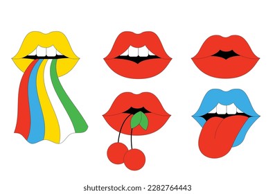 Groovy Hippie Sticker Retro Lips Pop Art Vector Vintage Illustration.