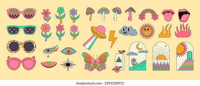 Groovy hippie sticker set with vintage mushrooms, sun, flower, lips, eyes, sunglasses and more. Trippy vector illustrations.