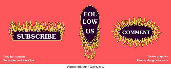 Groovy hippie stickers in flames. Y2k templates for social media. Cartoon design elements in 2000s retro style. Vector graphics