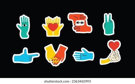 Groovy hippie stickers set of colorful hands with different gestures. Hands with heart, eyes, together hands and etc. Hand drawn vector illustration.