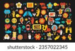 Groovy hippie stickers set. Comic happy retro girls, geometric stickers, characters in trendy retro 60s 70s cartoon style. Vintage vector illustrations.