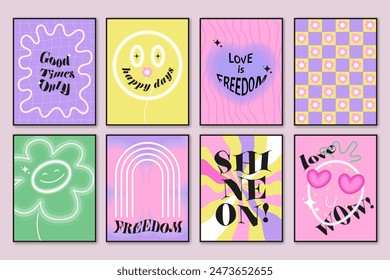 Groovy hippie style 70s posters, cards set. Lettering positive phrases. Cute cartoon flower, smile, rainbow, strawberry, daisy.  Retro psychedelic funny design. Vector.