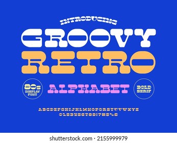 A groovy hippie style alphabet design with uppercase, numbers and symbols