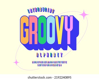 A groovy hippie style alphabet design with uppercase, numbers and symbols