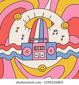 Groovy hippie style music banner or cover. Bright tape recorder in the style of 70-80s with rainbow waves. Color vintage record player. Contour hand drawn vector illistration. Loud boombox.