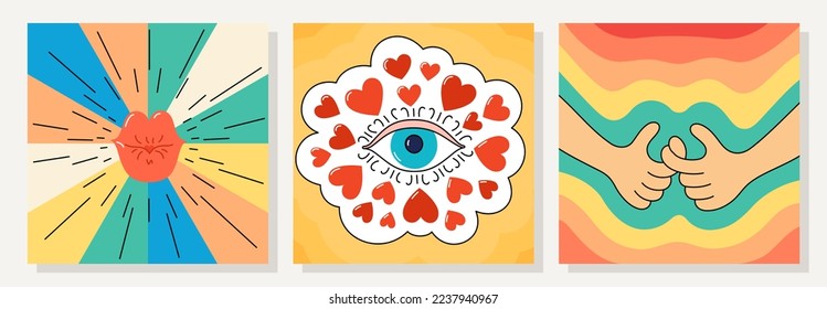 Groovy hippie style stickers. Positive cartoon cards with funny and kindness illustrations. Trendy retro design 60's, 70's, 80's. Vector postcards