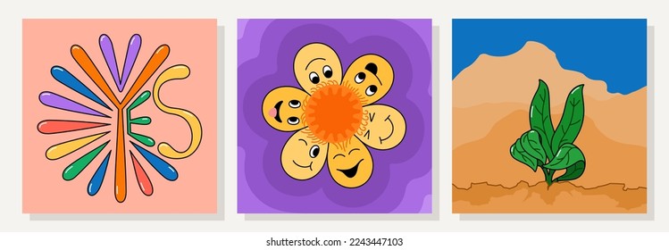 Groovy hippie style stickers. Positive cartoon cards with funny and kindness illustrations. Trendy retro design 60's, 70's, 80's. Vector postcards