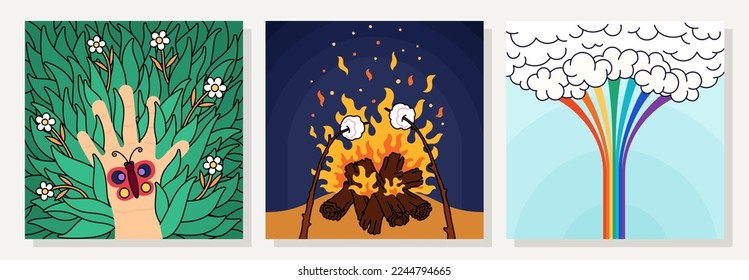 Groovy hippie style stickers. Positive cartoon cards with funny and kindness illustrations. Trendy retro design 60's, 70's, 80's. Vector postcards