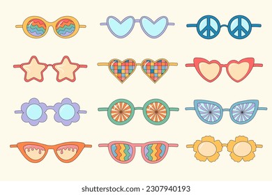 Groovy hippie sunglasses set. Cute retro psychedelic glasses. Linear color vector illustration.